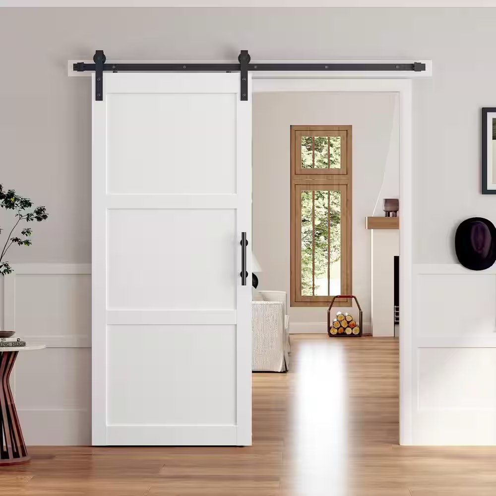 36 in. x 84 in. 3-Panel White Finished Solid MDF Core Interior Sliding Barn Door with Hardware Kit by easelife