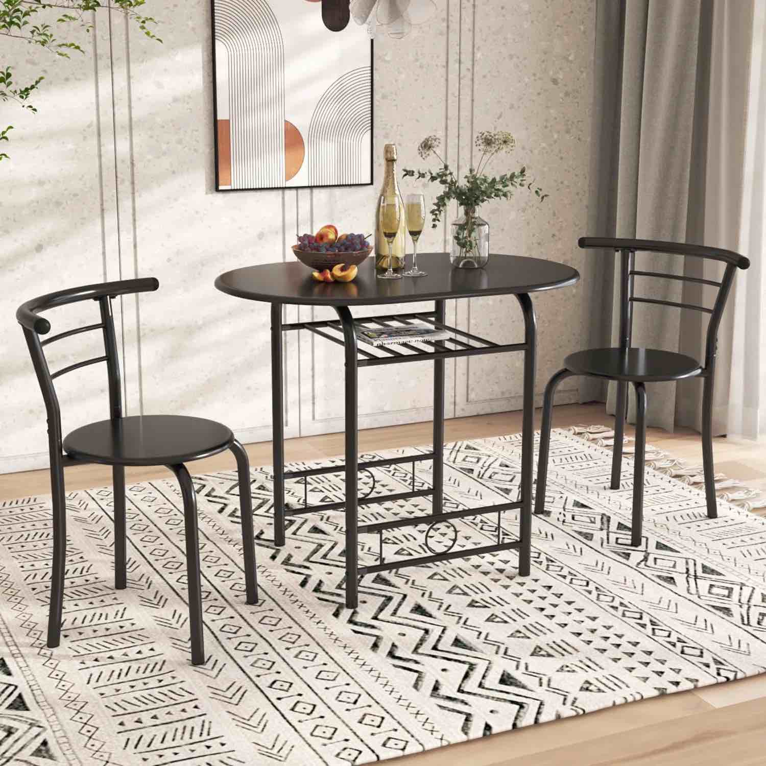 YFHM024MS Furmax 3 Piece Wood and Metal Dining set, Small dining table for 2 ,for Living Room, Dining Room, Kitchen, Black