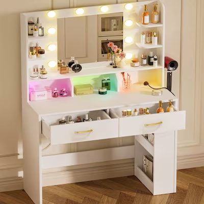 GTPLAYER Vanity Desk with Lighted Mirror and Power Outlet RGB LED Lights Makeup Vanity White Item #7606767 | Model #LOWE'S-B1004-WHITE