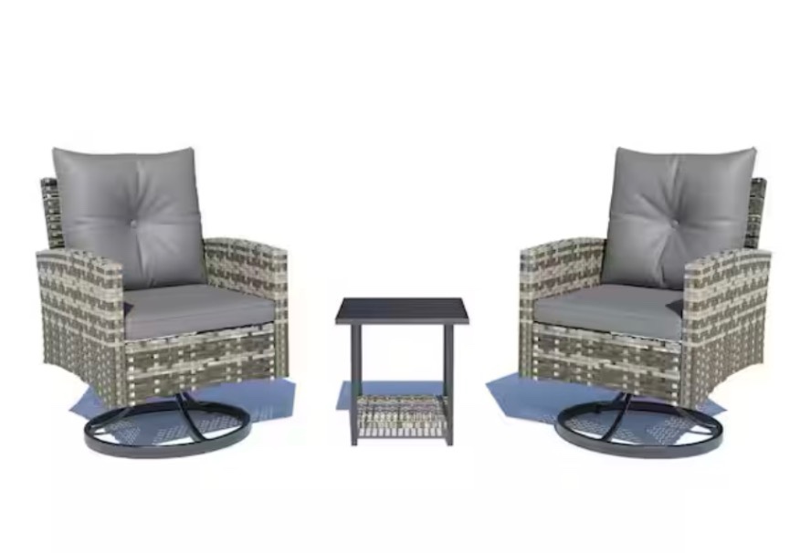 WYZMOT017GY 3-Piece Patio 360° Swivel Rocker Chairs, All-Weather PE Wicker Outdoor Bistro Set with Gray Cushions and 1-Coffee Table by HOMMOW