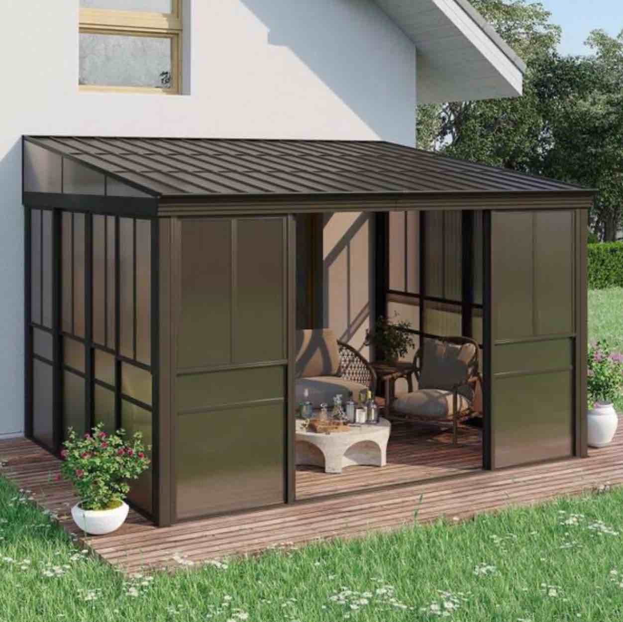 SEE DESCRIPTION XWG337BN HOMMOW 10 ft. x 14 ft. Wall Mounted Gazebo, All-Season Patio Gazebo Sunroom with Side Door, Outdoor Permanent Sunroom