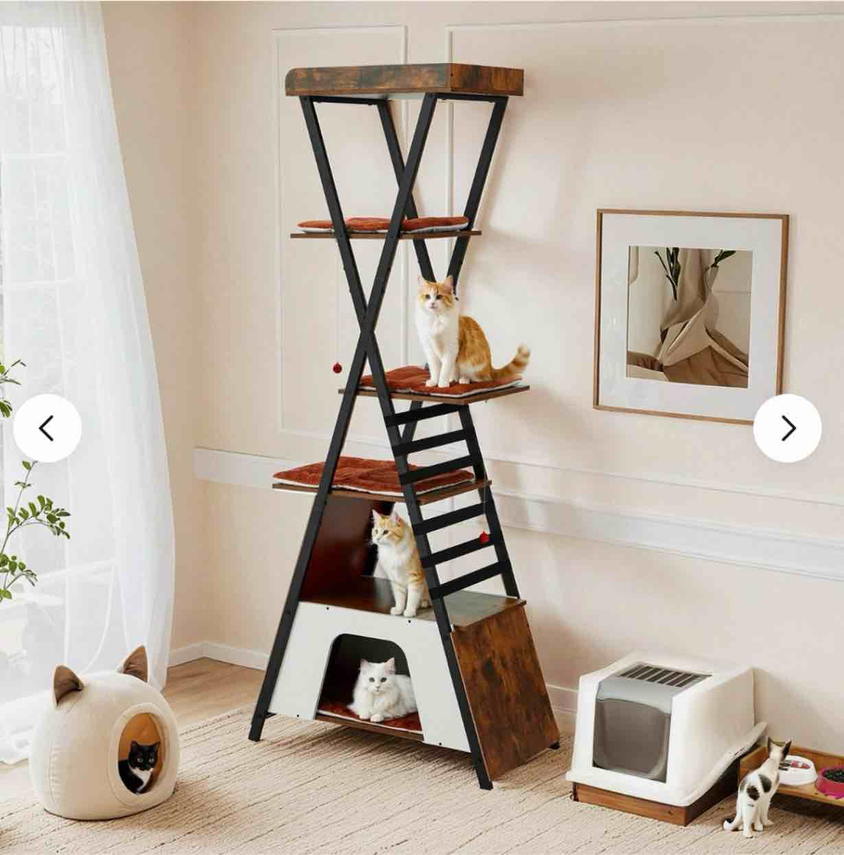 WYZZPC093HS Modern Cat Tower for Indoor Cats - Multi-Level Condo With Caves, Tall Tree With Scratching Board, Wooden Tower With Large Perch, Removable Pads, Rustic Brown