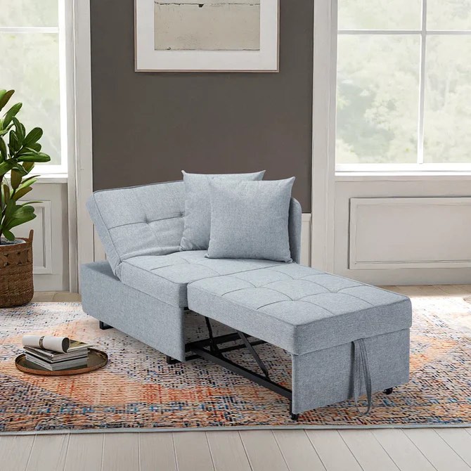 XRSF34QG EROMMY 3-In-1 Sleeper Sofa Chair Bed , 5-Position Adjustable Backrest Sofa Bed With Faux Linen Sofa Fabric, Fold Out Chair Bed, Light Gray