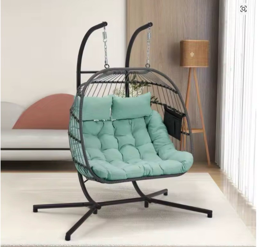 LYOT110LB Outdoor Swing Double Egg Chair with Stand, Patio Wicker Loveseat Hanging Chair, 600 lbs Capacity Swinging Chair Seats for Patio