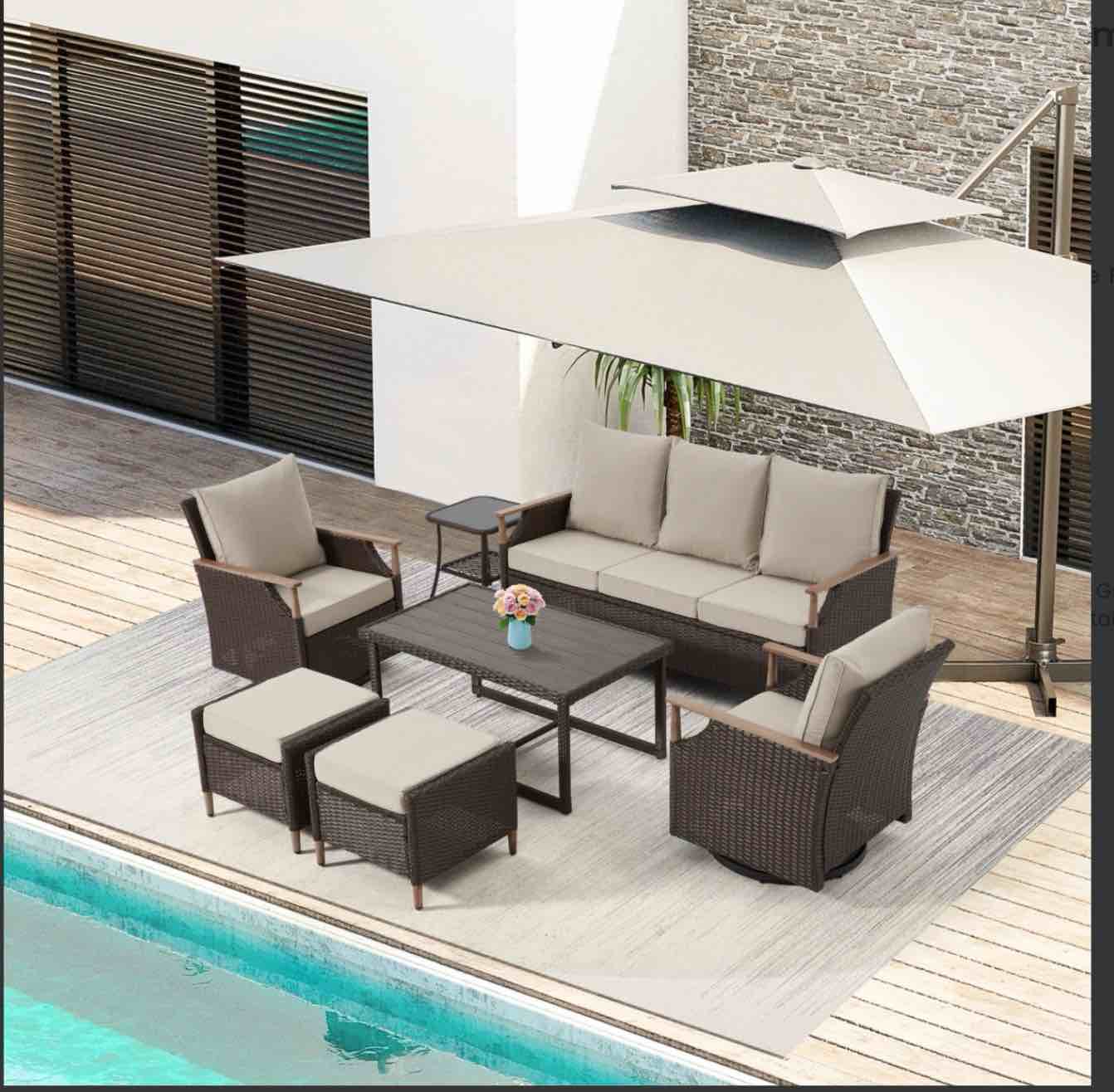SEE DESCRIPTION PXLYOT184BG EROMMY 7-Piece Outdoor Furniture Set With Swivel Chairs, Ottoman & Coffee Table, Beige