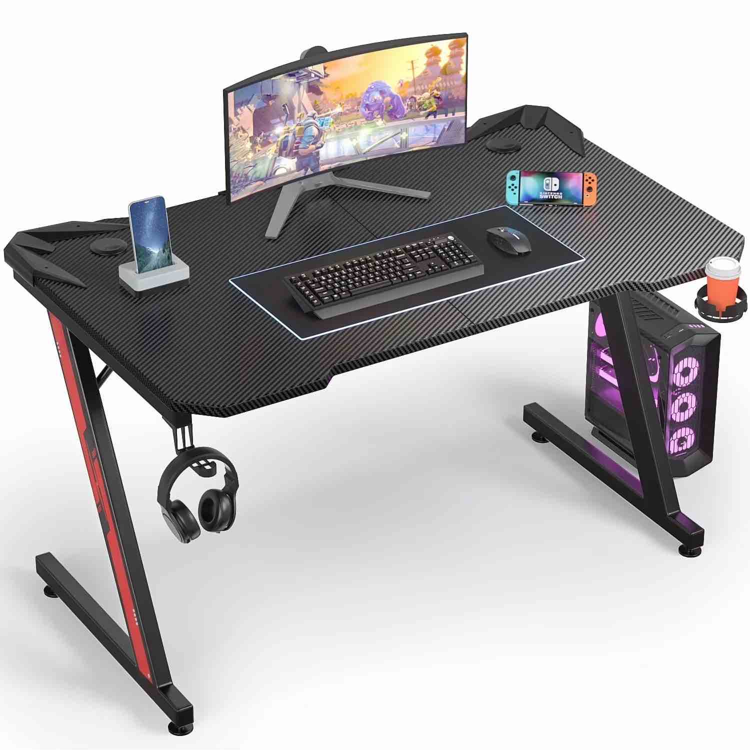 Homall 44 Inches Z-Shaped Gaming Desk with Cup Holder & Headphone Hook, Black GD-R586-Red