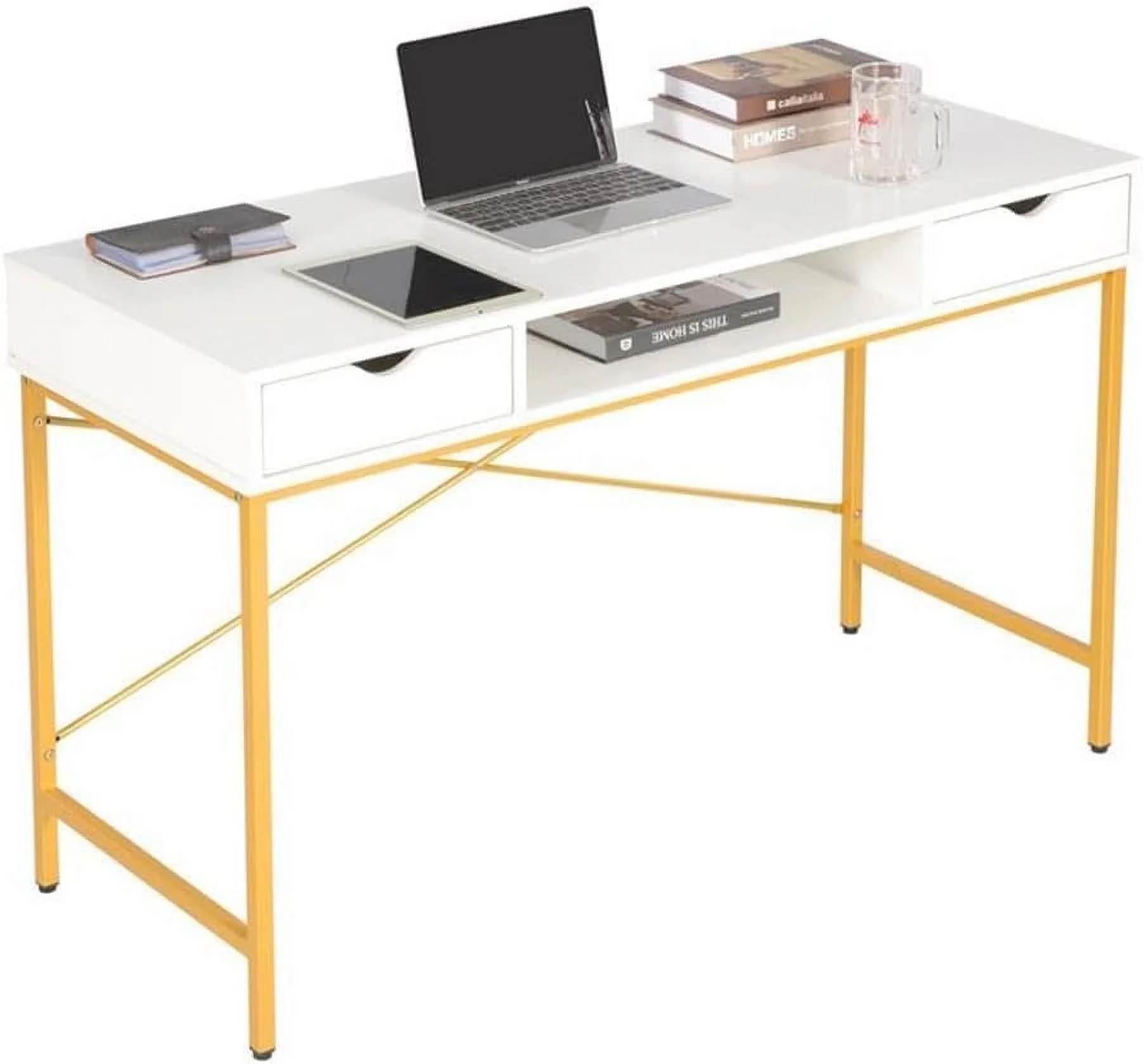JJS 48' Writing Desk with Drawers, Contemporary Home Office Large Computer Laptop Workstation with Storage, White Golden