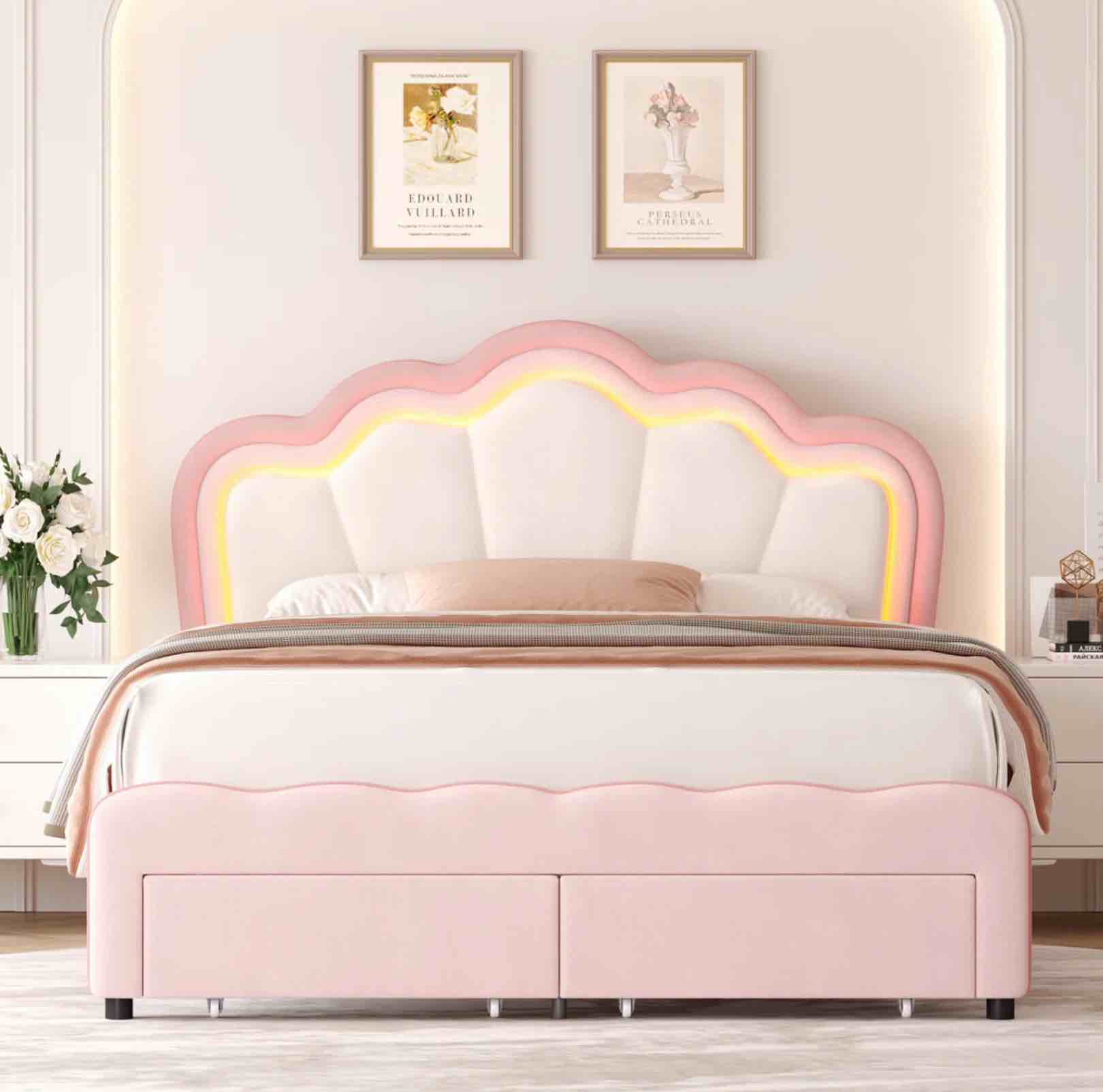 Avalie Upholstered LED Kids Bed with Drawer & Adjustable Headboard, Queen Size Pink/Beige Velvet By Lark Manor™