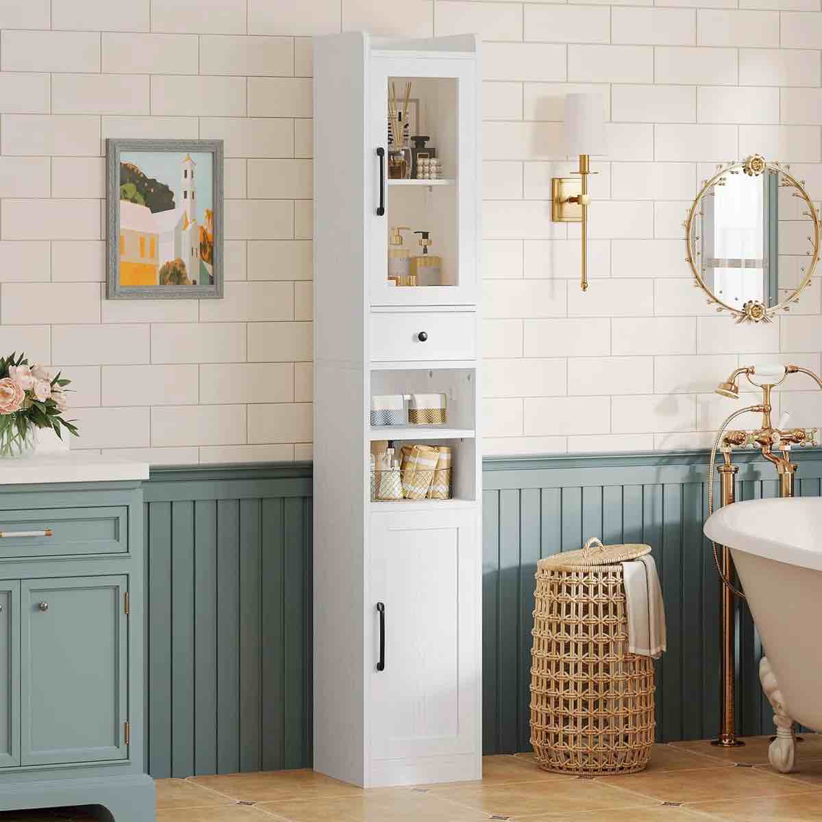 Tall Bathroom Cabinet with Drawer and Door, 71" H Slim Freestanding Narrow Storage Cabinet with Adjustable Shelves, Retractable Toilet Paper Rod, for Small Spaces, 11.8" W White By Latitude Run®