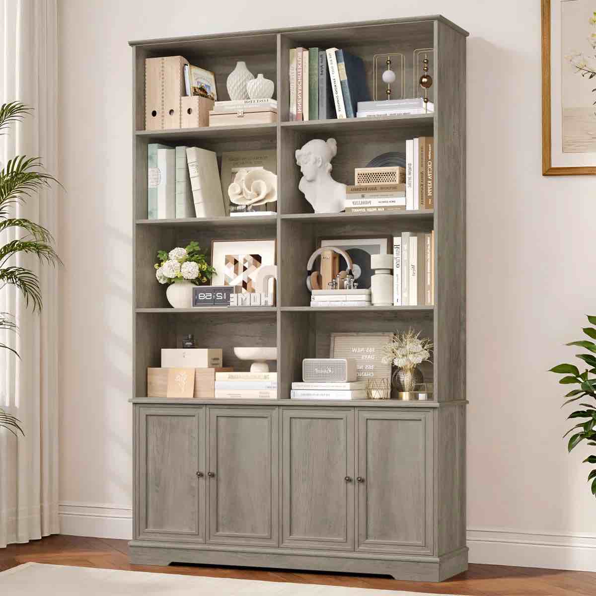 72.8" H x 47.2" W Mid-Century Modern Wood Bookcase with 4 Doors, Double Row Library Storage, Ash Grey By Latitude Run®
