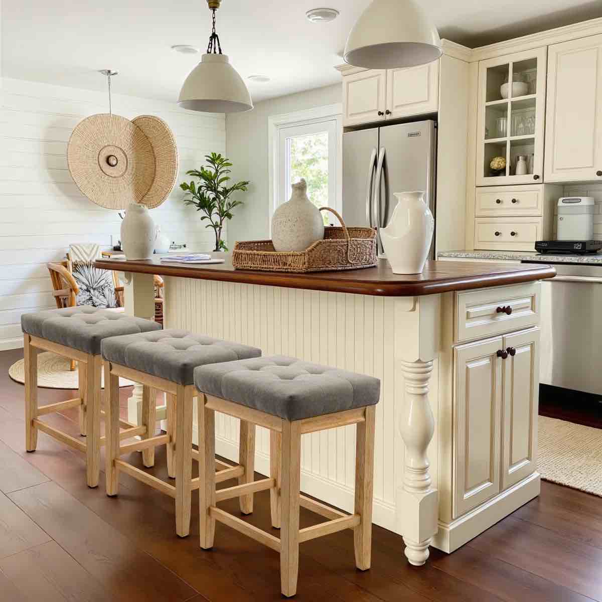 24" Hand-Brushed Wood Backless Counter Height Bar Stools Mid-Century Farmhouse Short Stools (Set of 3), Grey By Gracie Oaks