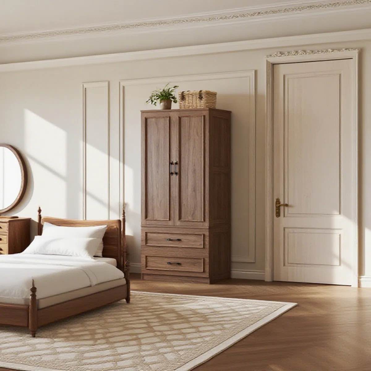 70" H Armoire Wardrobe Closet With 2 Doors & 2 Drawers, Freestanding Wooden Wardrobe Armoire With Hanging Rod For Bedroom By Ebern Designs