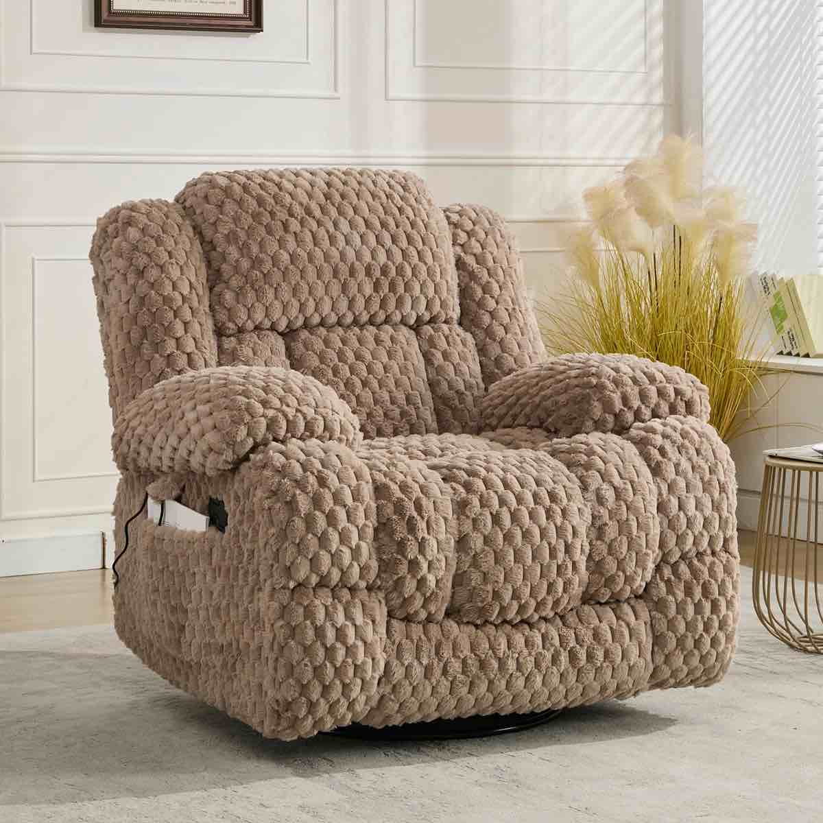 41.3" Oversized Swivel Recliner Chair With Massage & Heating Faux Fur/Brown By Latitude Run®