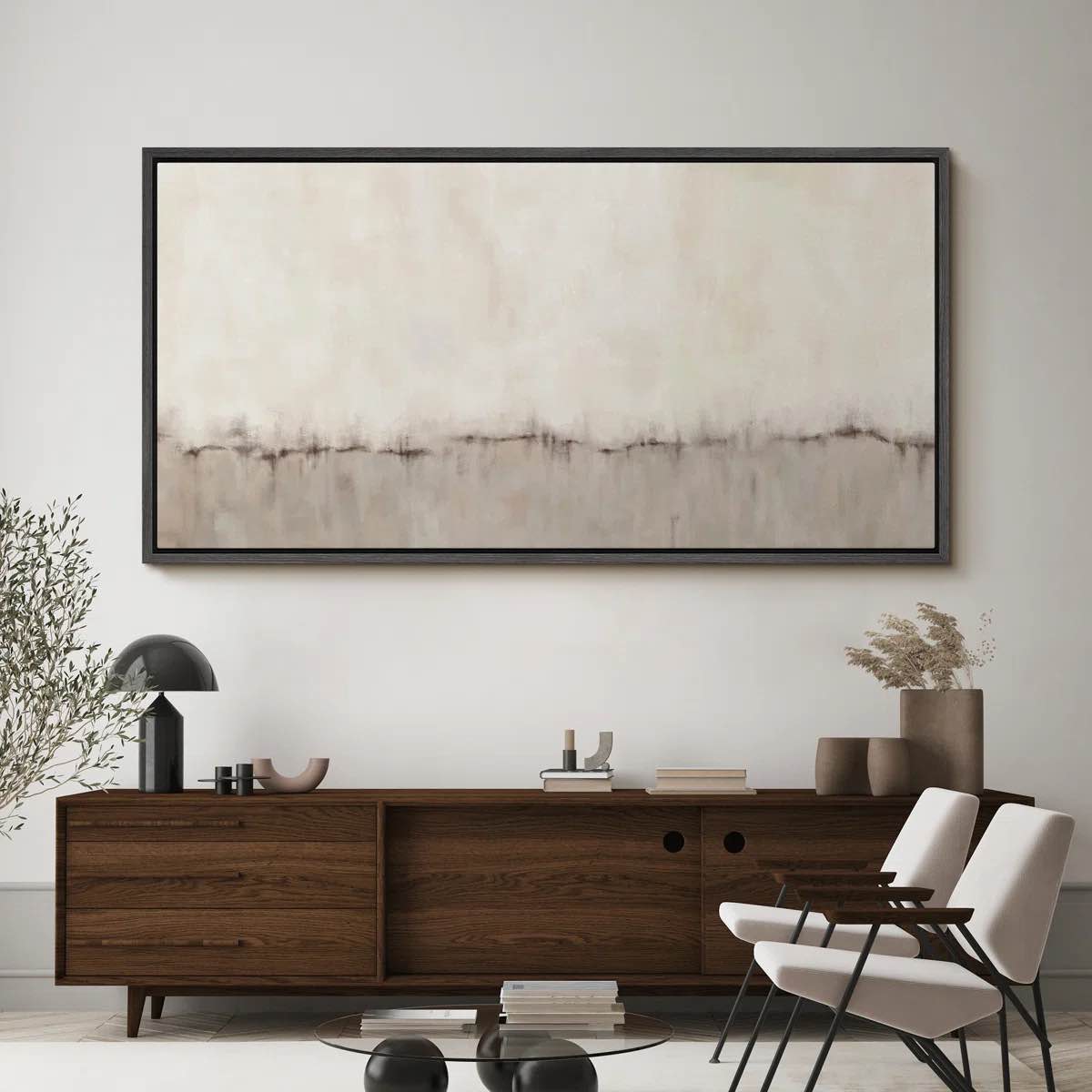 30" H x 60" W Minimal Landscape Minimalist Abstract Design in Soft Neutrals Modern Art Extra Large Artwork Print Wall, Black Frame Art By IDEA4WALL