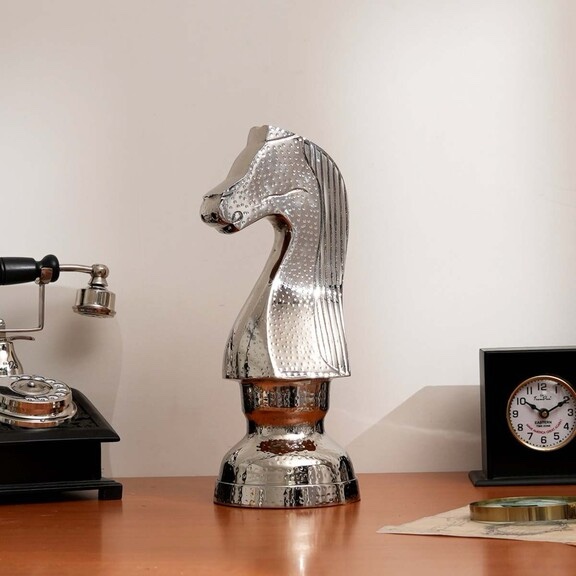 Decorative Hammered Nickel Finish Chess Horse Sculpture - Elegant Table Accent (5.5x5.5x14") B346P324853