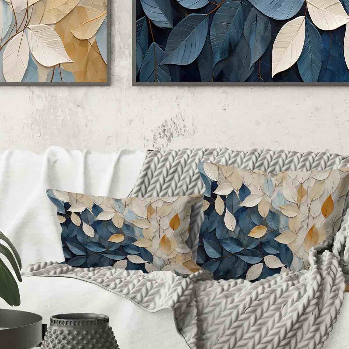 Beige And Blue Minimalist Leaves Collage- Leaves Printed Throw Pillow