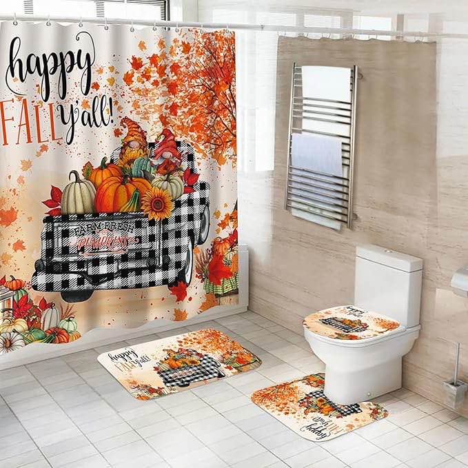Fall Shower Curtain Set 4 Pcs Fall Bathroom Set Shower Curtains Non-Slip Rug Toilet Lid Cover Bath Mat and 12 Hooks, Thanksgiving Bathroom Shower Decor Accessory Set Wayfair