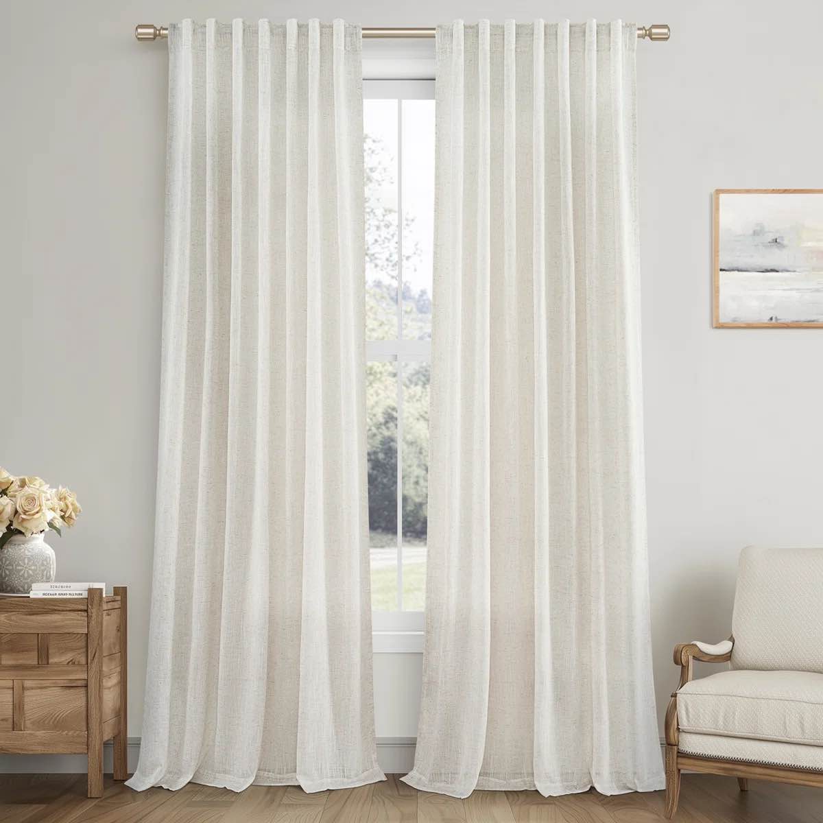 Dennan Linen Curtain Rod Pocket Back Tab,Linen Semi Sheer Curtains for Bedroom (Set of 2), Natural 50" W x 96" L By Latitude Run®
