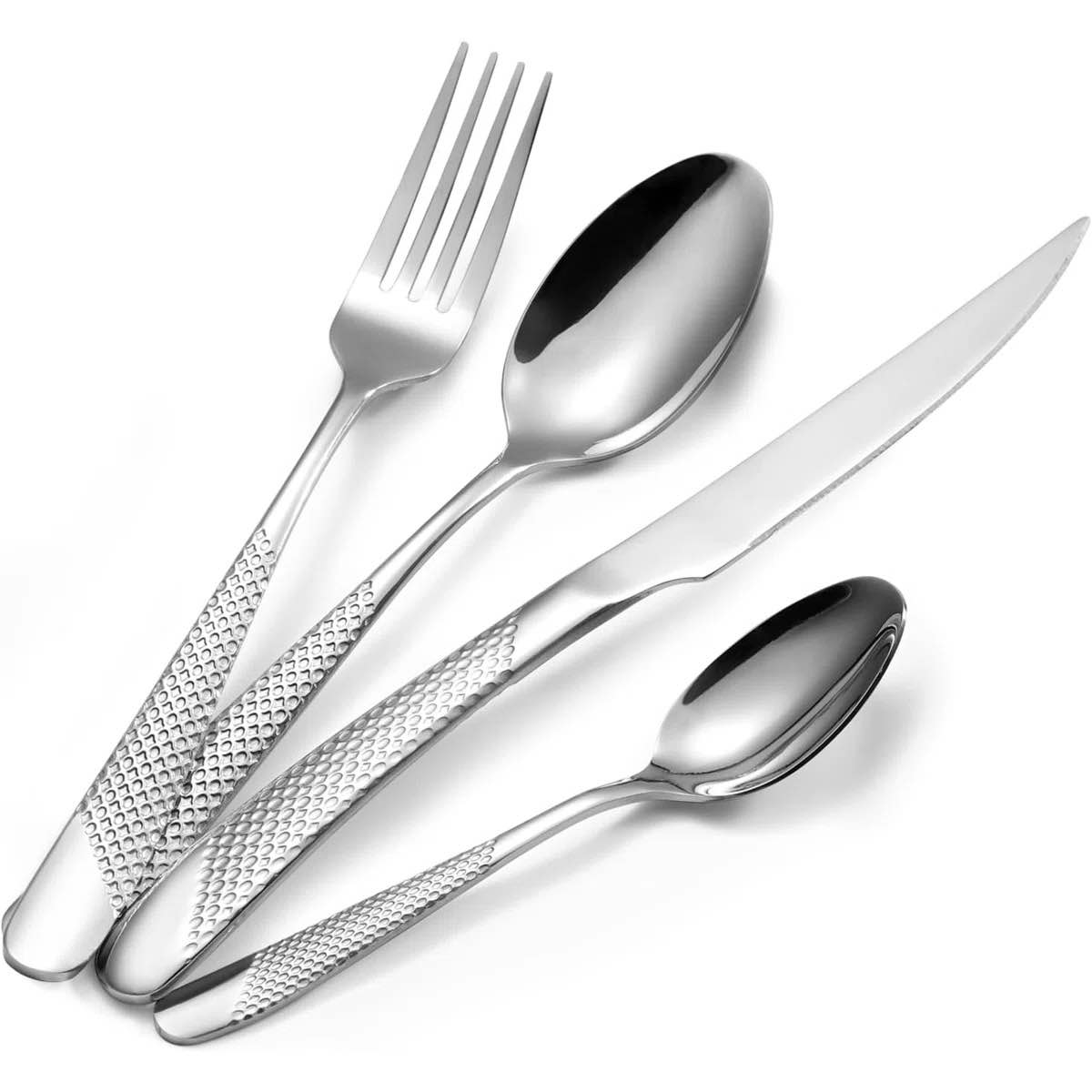 16-piece hammered silverware set for 4, premium stainless steel flatware set with mirror polish, modern design cutlery set includes forks, knives, spoons, dishwasher safe