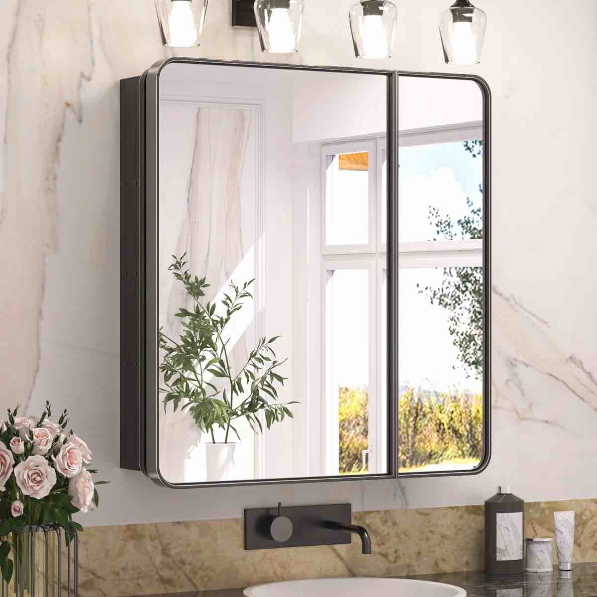 Gervon Rectangle Recessed or Surface Medicine Cabinet with Shelves and Mirror, Black 27" H x 21" W x 5" D By Orren Ellis