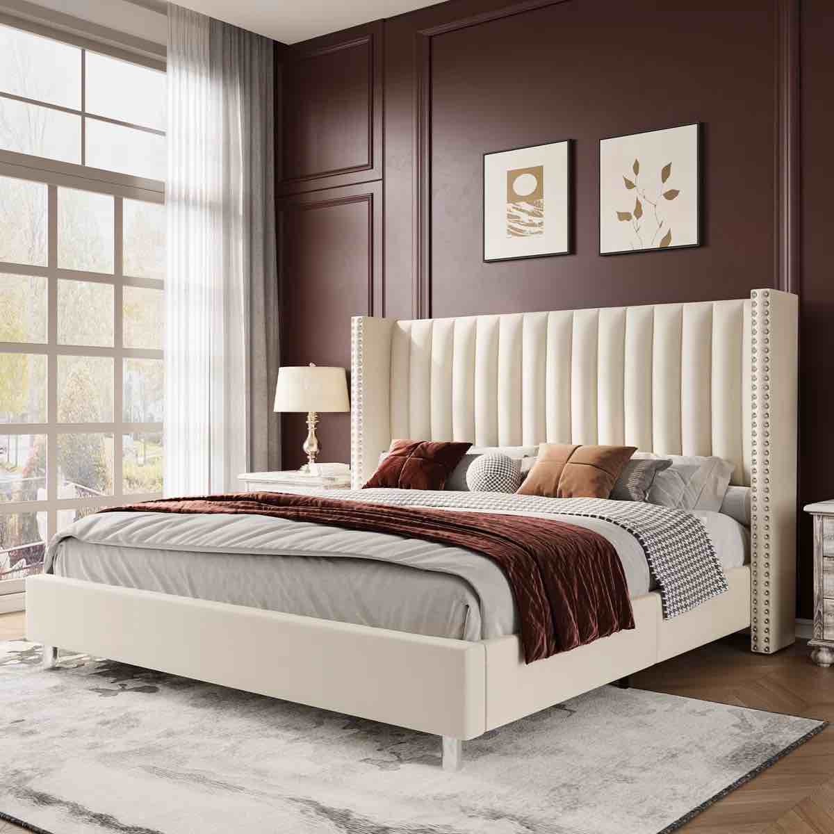 Addesyn Upholstered Platform King Bed, Cream