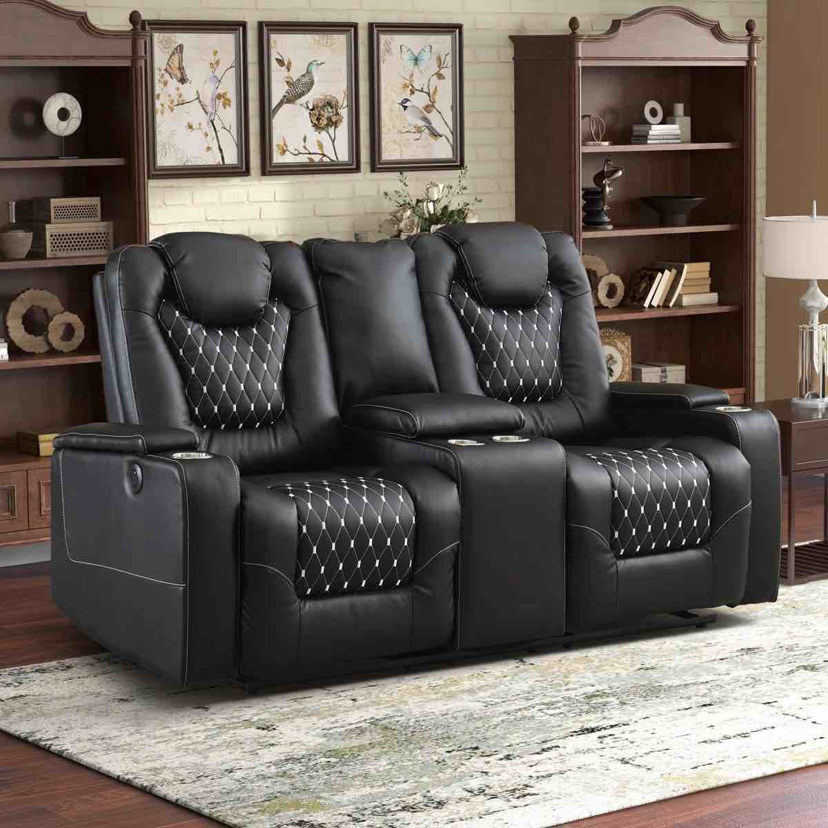 72.1'' Wide Modern Style Faux Leather Power Reclining Loveseat Sofa with USB & Arm Storage & Cup Holders Black