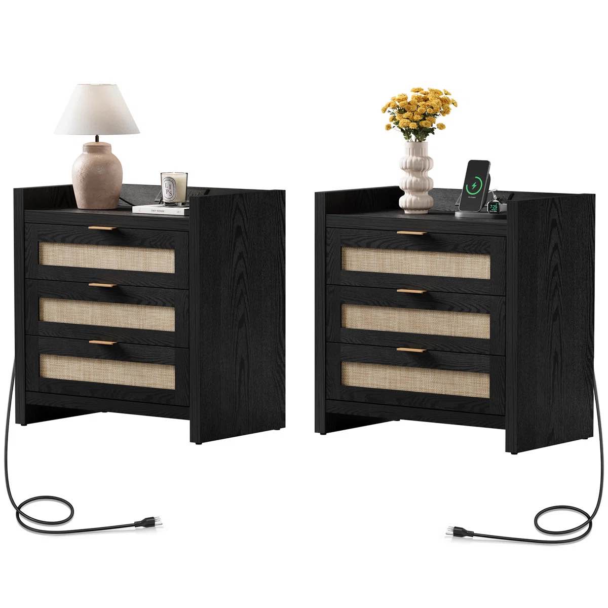 Ashvir Rattan 3-Drawer Nightstand With Built-In Outlets (Set of 2), Black
