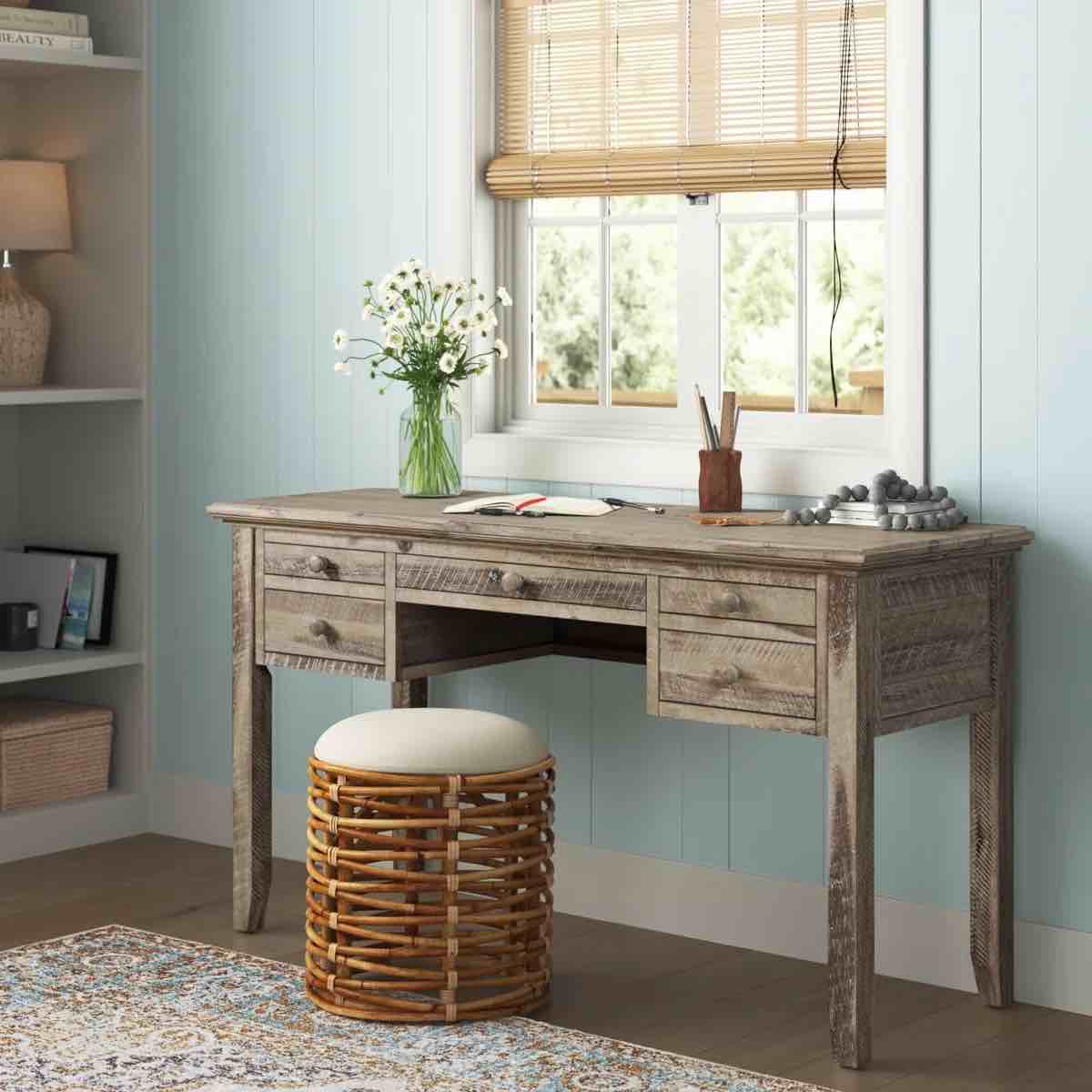 Budworth Solid Wood Top Writing Desk with Power Outlet, Gray Wash