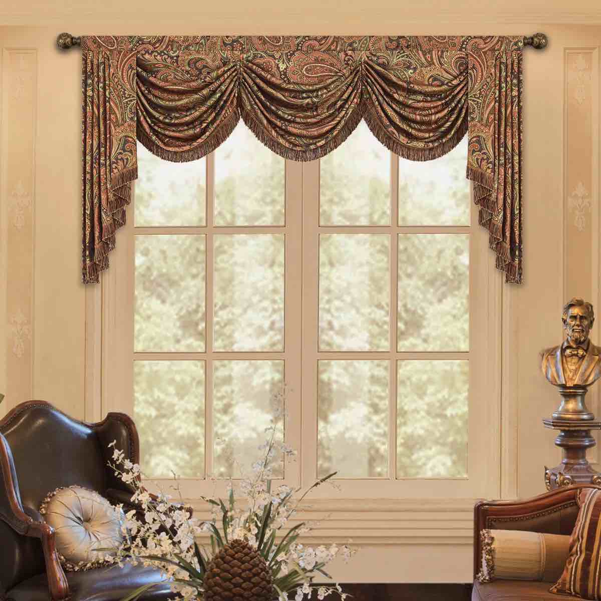 Paisley Swag Valance with Tassels, Classic Jacquard Waterfall Valance, Window Treatment 1 Panel