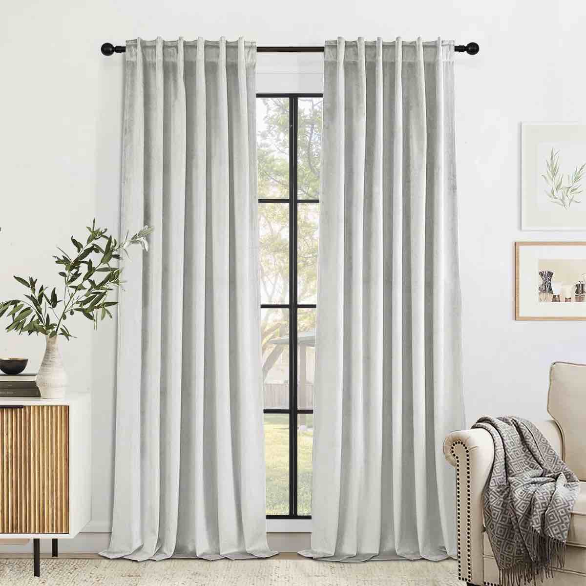 Ike Velvet Blackout Curtain Pair, 70%-85% Blackout Drapes (Set of 2), Gray White