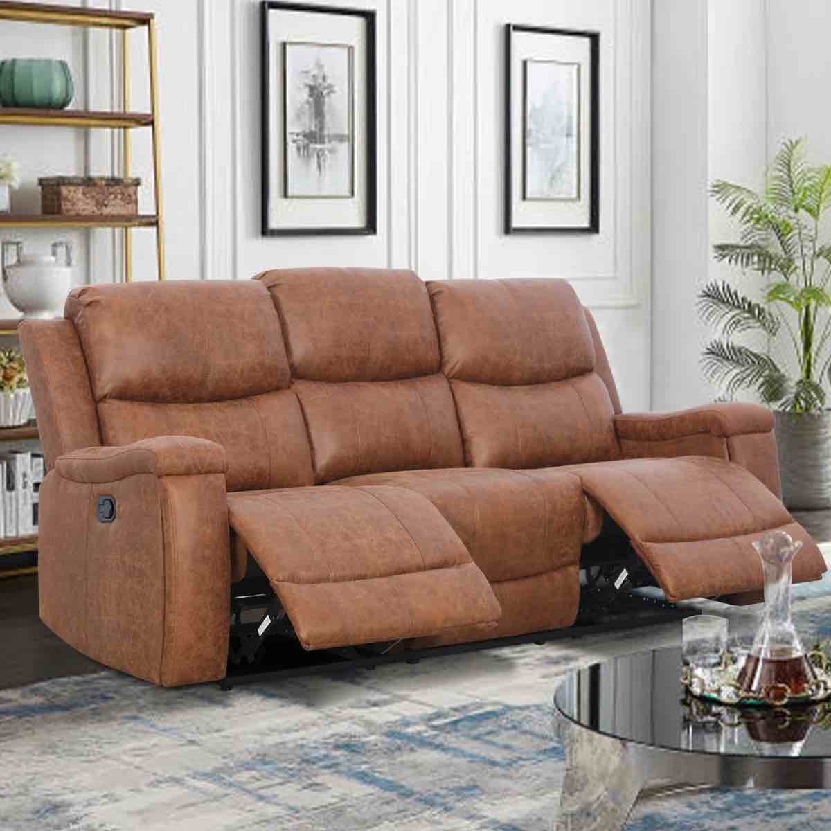 Ilkeston 79" Wide Vegan Leather Manual Reclining Sofa, 3-Seater Recliner Couch with Cup Holders, Cognac 