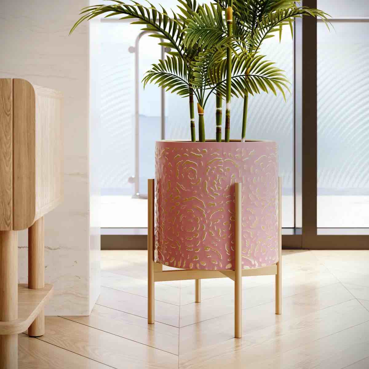 Laura Glam Indoor Metal Pot Planter With 4- Leg Metal Base