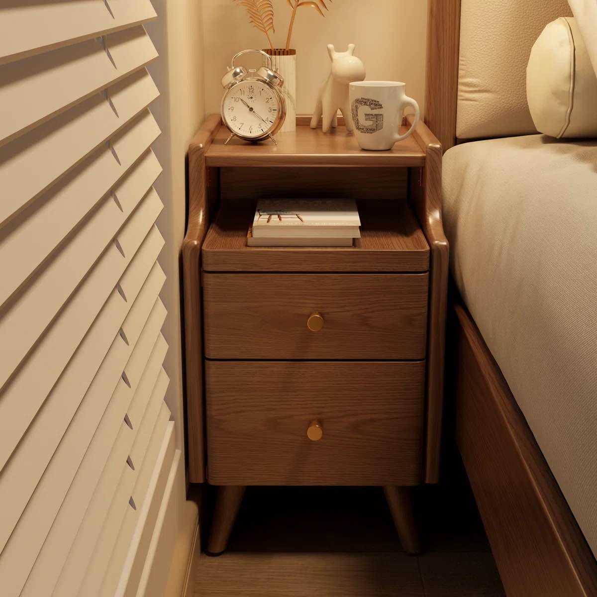 Narrow Solid Wood Nightstand with 2 Drawers, Brown