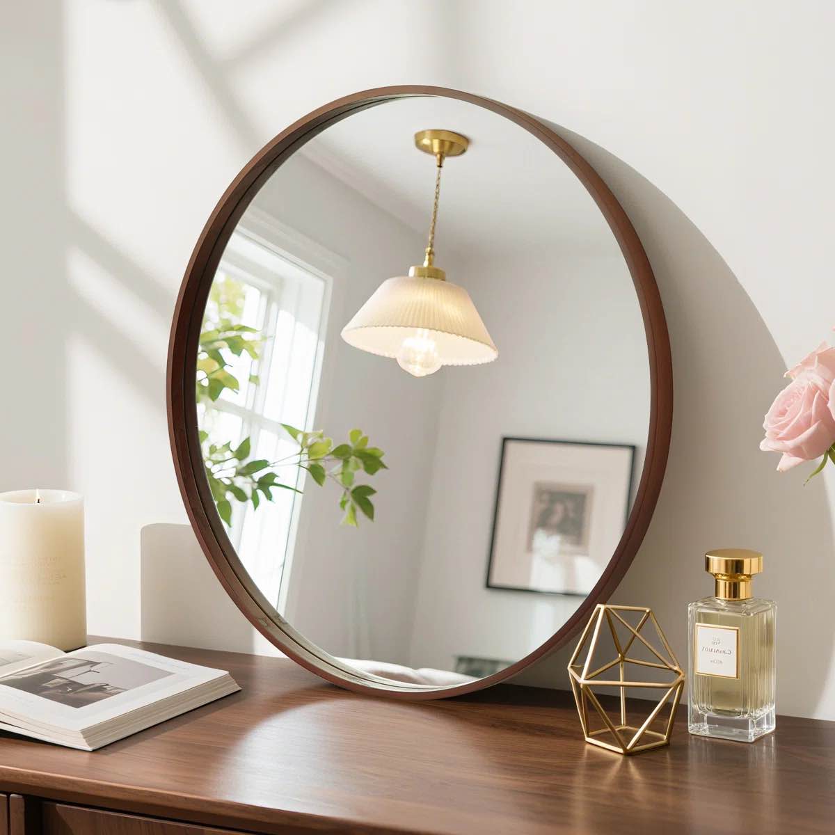 Karrina Accent Round Mirror, Walnut 24”