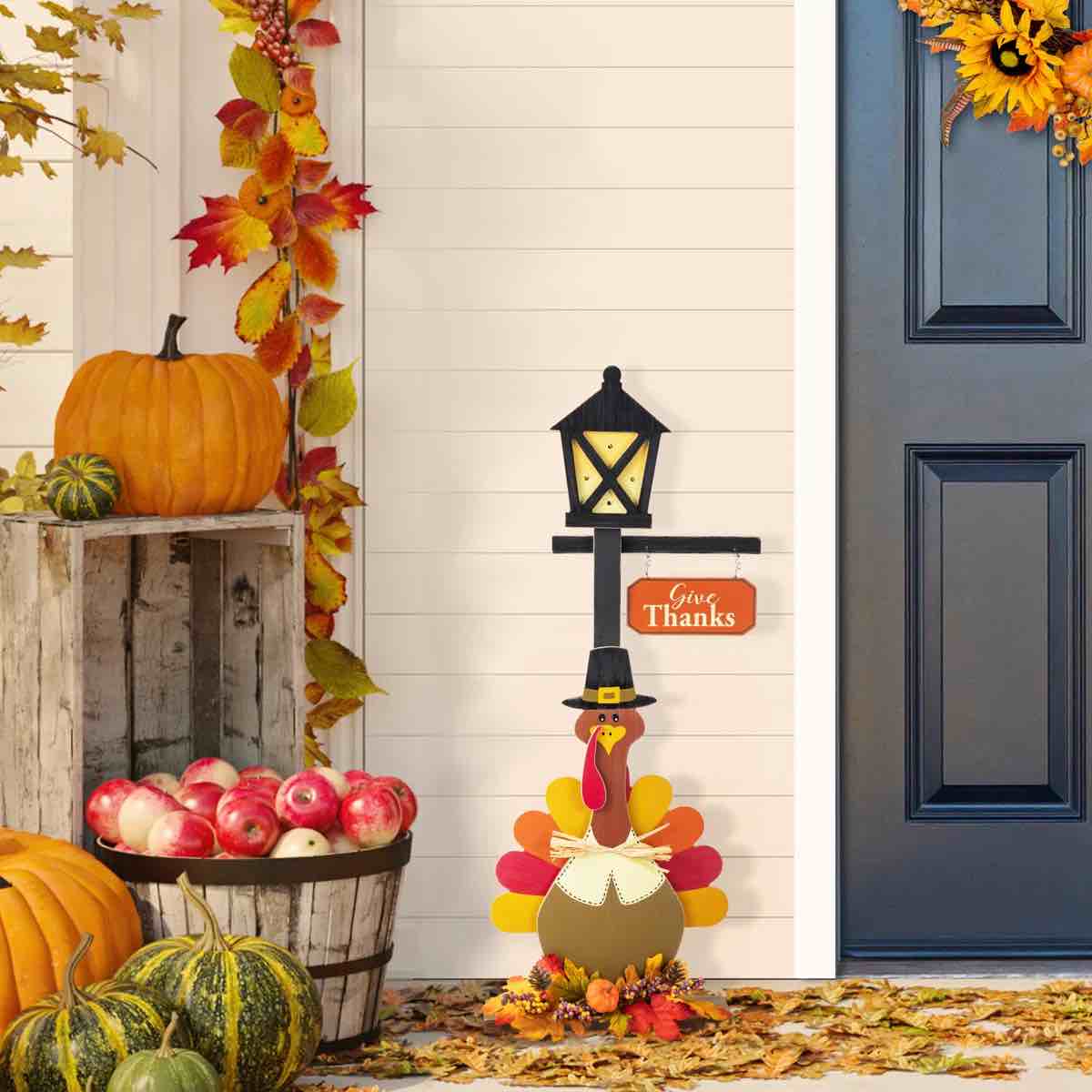 36"H Thanksgiving Lighted Wooden Turkey Lamp Post Porch Decor(KD)