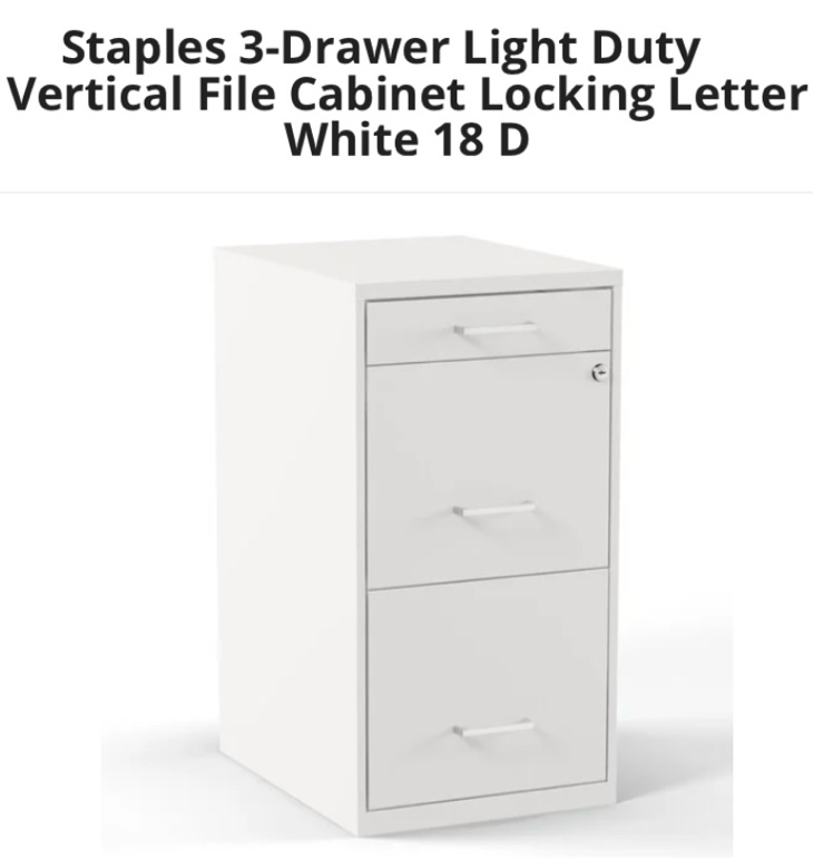 Staples 3-Drawer Light Duty Vertical File Cabinet Locking Letter White 18 D