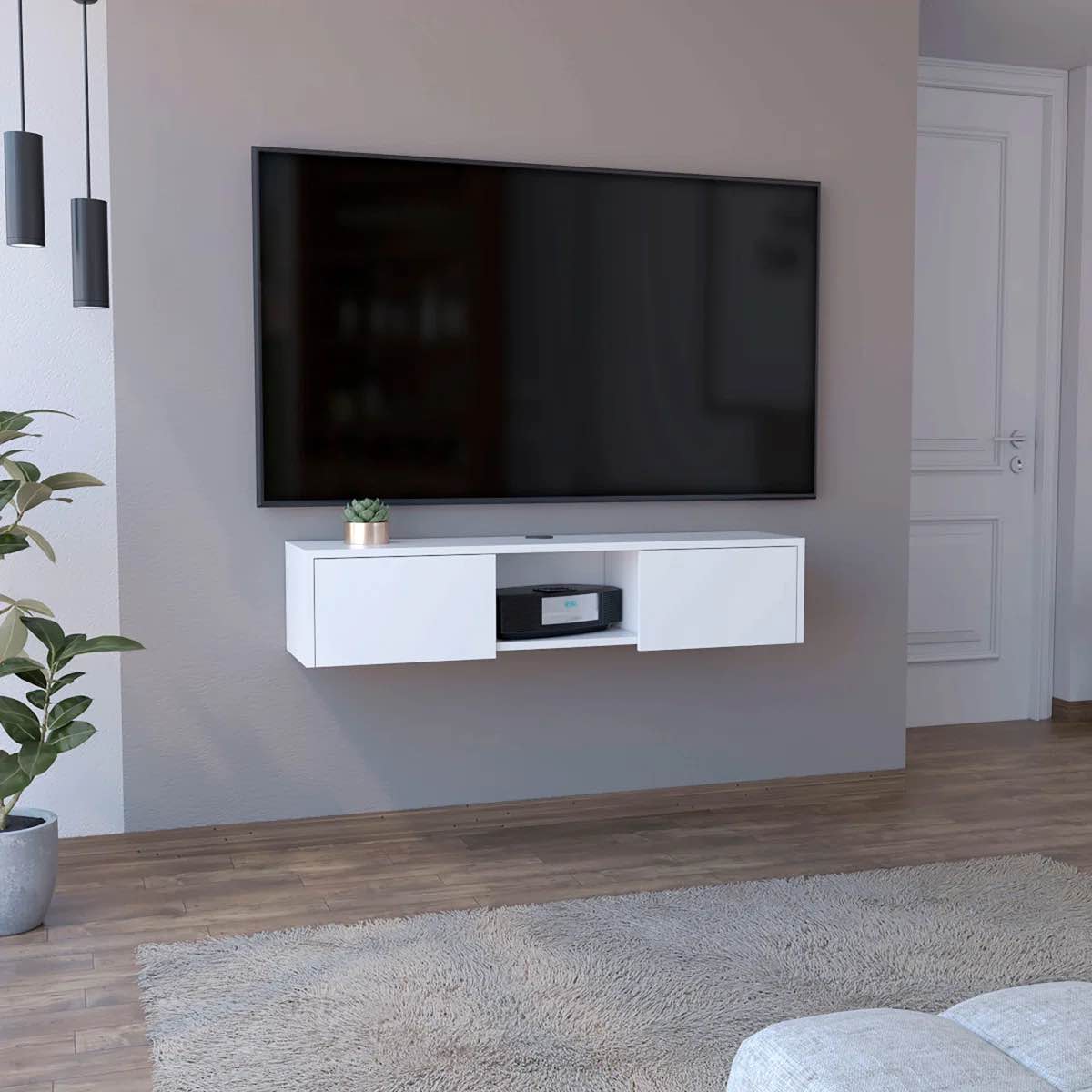 Floating TV Stand, Sleek Wall- Mounted Console With 2- Doors, White