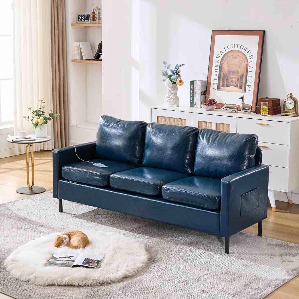 72"W Faux Leather 3-Seater Sofa With USB Port, Blue