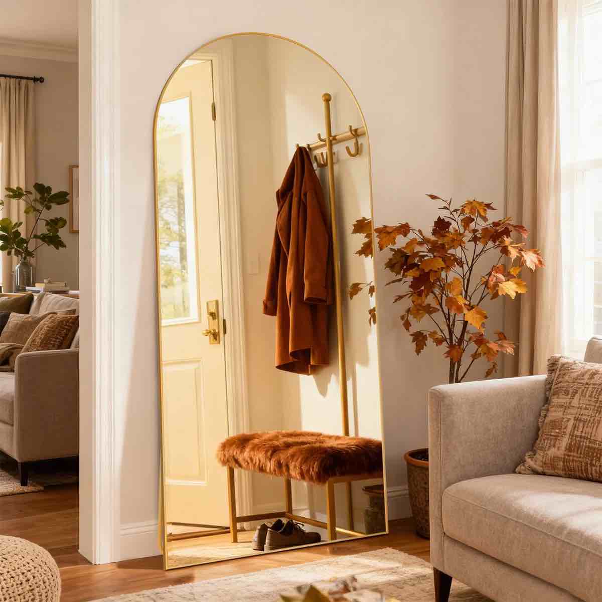 71" x 32" Arched Full-Length Mirror, Aluminum Alloy Frame, Tempered Glass Floor Mirror, Brushed Brass