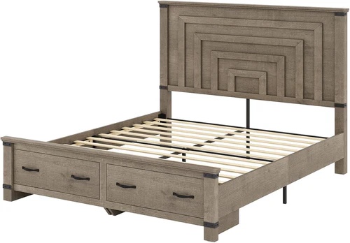 AMERLIFE Farmhouse Queen Bed Frame with 54" Tall Geometric Headboard & Footboard, Rustic Wood Platform Bed Frame with Large Storage Drawers, Wood Slats Support, No Box Spring Needed, Rustic Gray BPB113