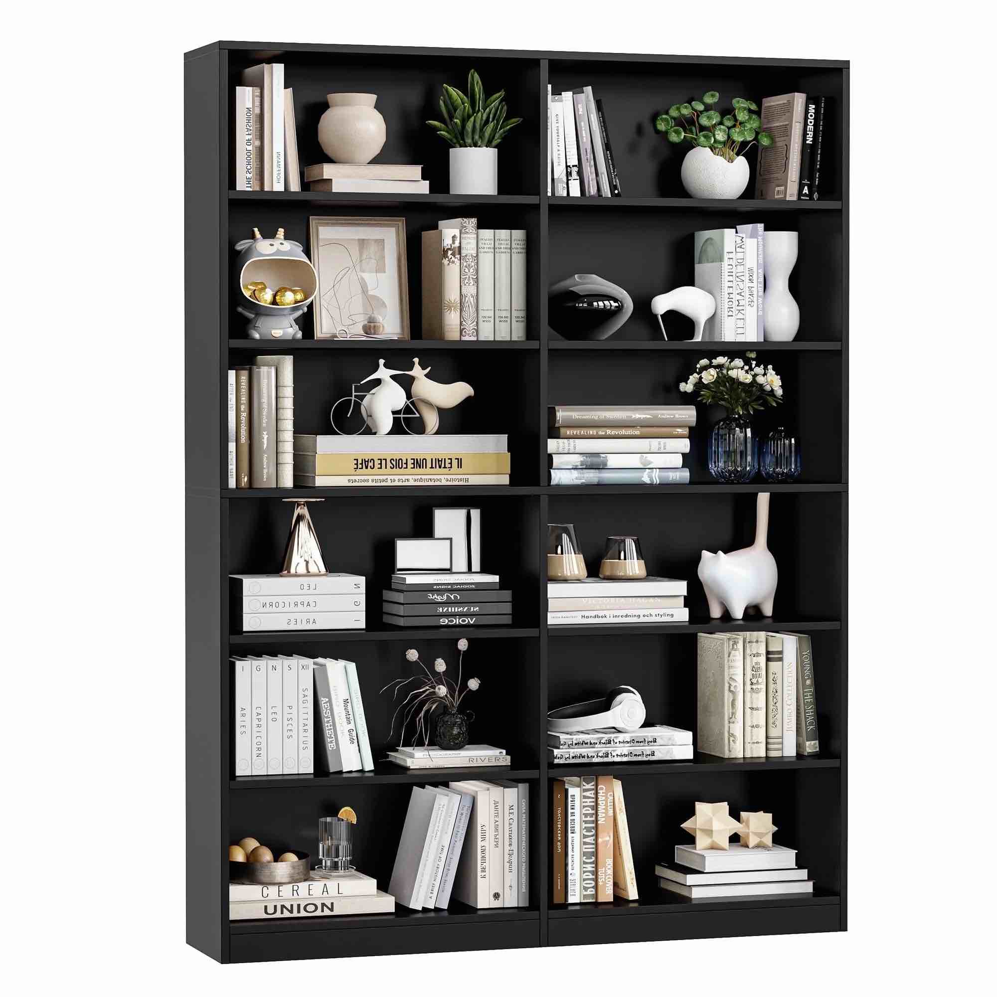 Homfa 74.3” Double Wide 6-Tier Bookcase, Extra Large Wooden Freestanding Display Bookshelf for Home Office Living Room, Black