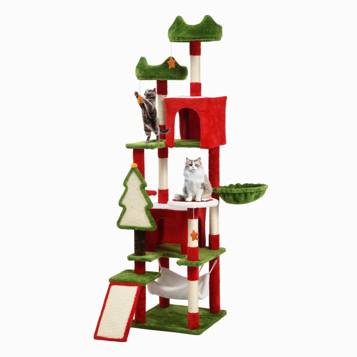 Christmas-Themed Multi-Level Cat Tree with Hammock and Scratching Posts
