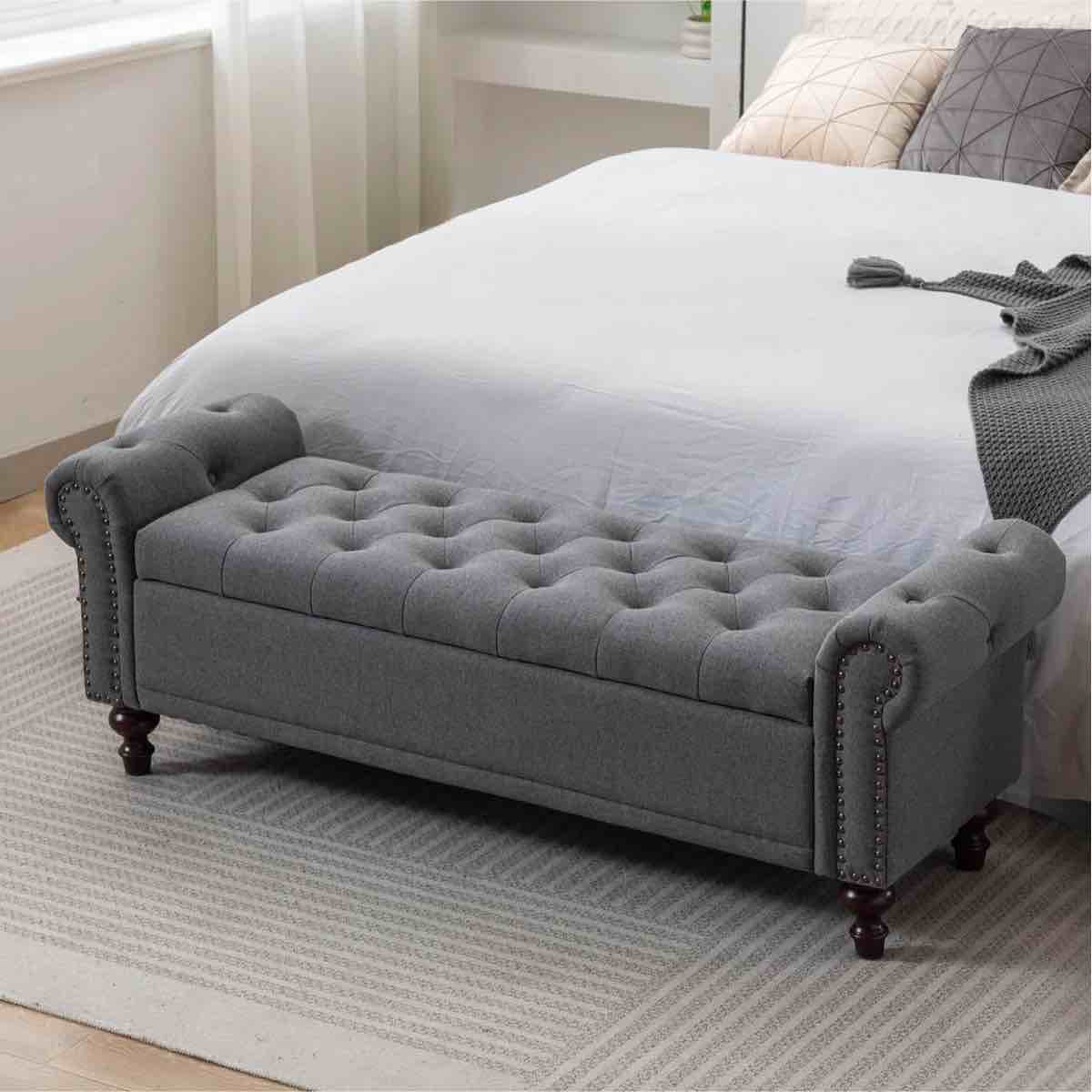 SEE DESCRIPTION Velvet/Linen Upholstered Storage Bench With Segmented Storage Compartments, Dark Gray