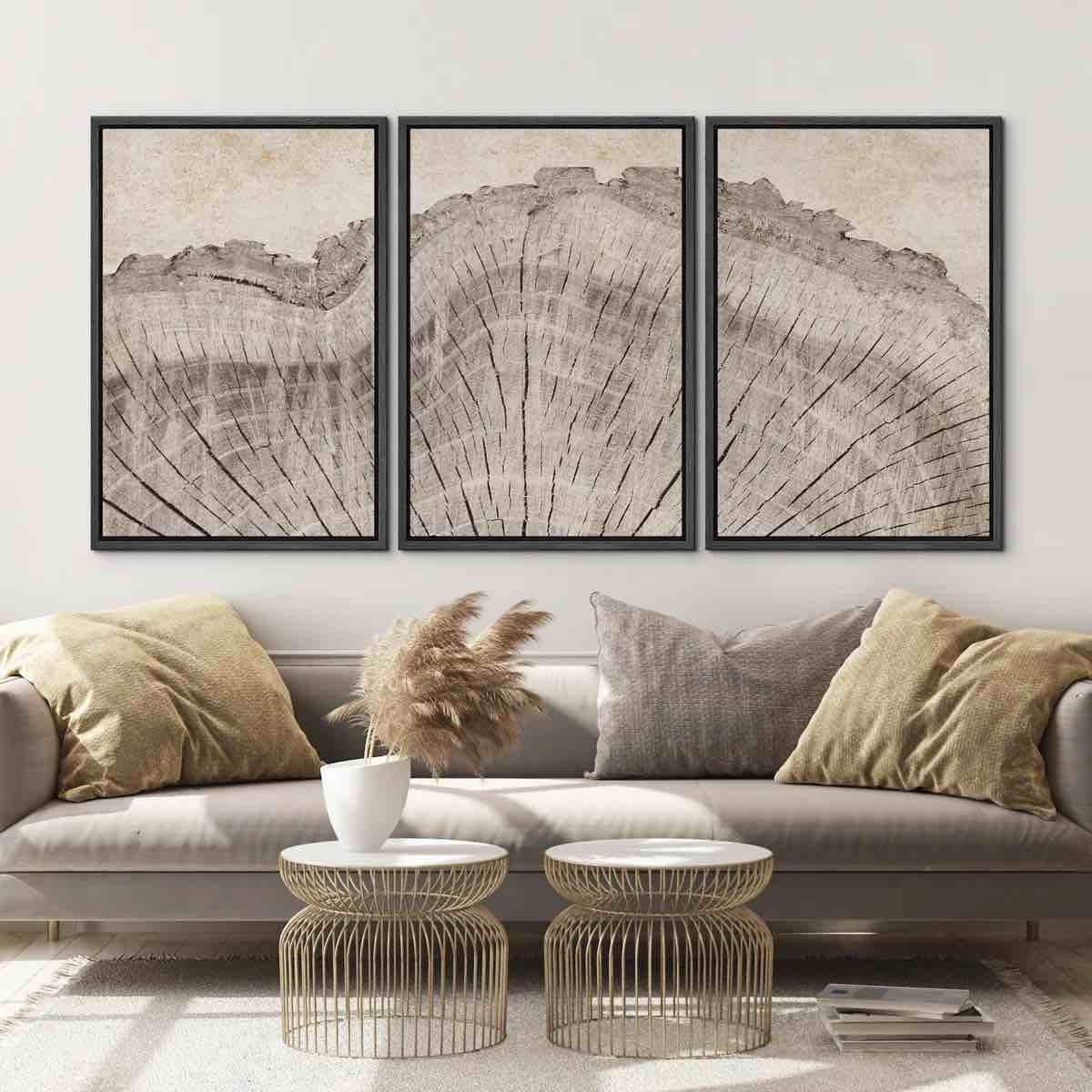   Tree Ring Rustic Oak Wood Farmhouse Decor Neutral Modern Organic Framed Canvas 3 Piece Print Art 24" H x 48" W