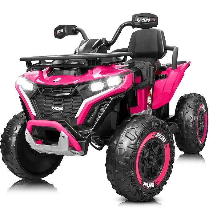 JOYRACER 24V Ride on Car, Kids ATV XL Four Wheeler w/EVA Tires, 19-Inch Leather 2 Seater, 800W Motors, Remote Control, Knee Pads, Flower, 24 Volt Ride on Toys Quad for Big Kids, Pink