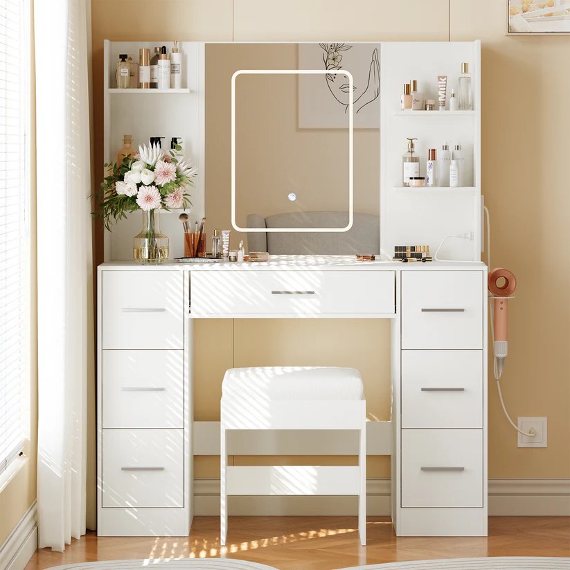 PHO_16PIRB1M Garvee 43.3'' Vanity Desk Stool Set, Modern Makeup Table with Lighted Mirror, Power Outlet, 7 Drawers, 4 Open Shelves, White 