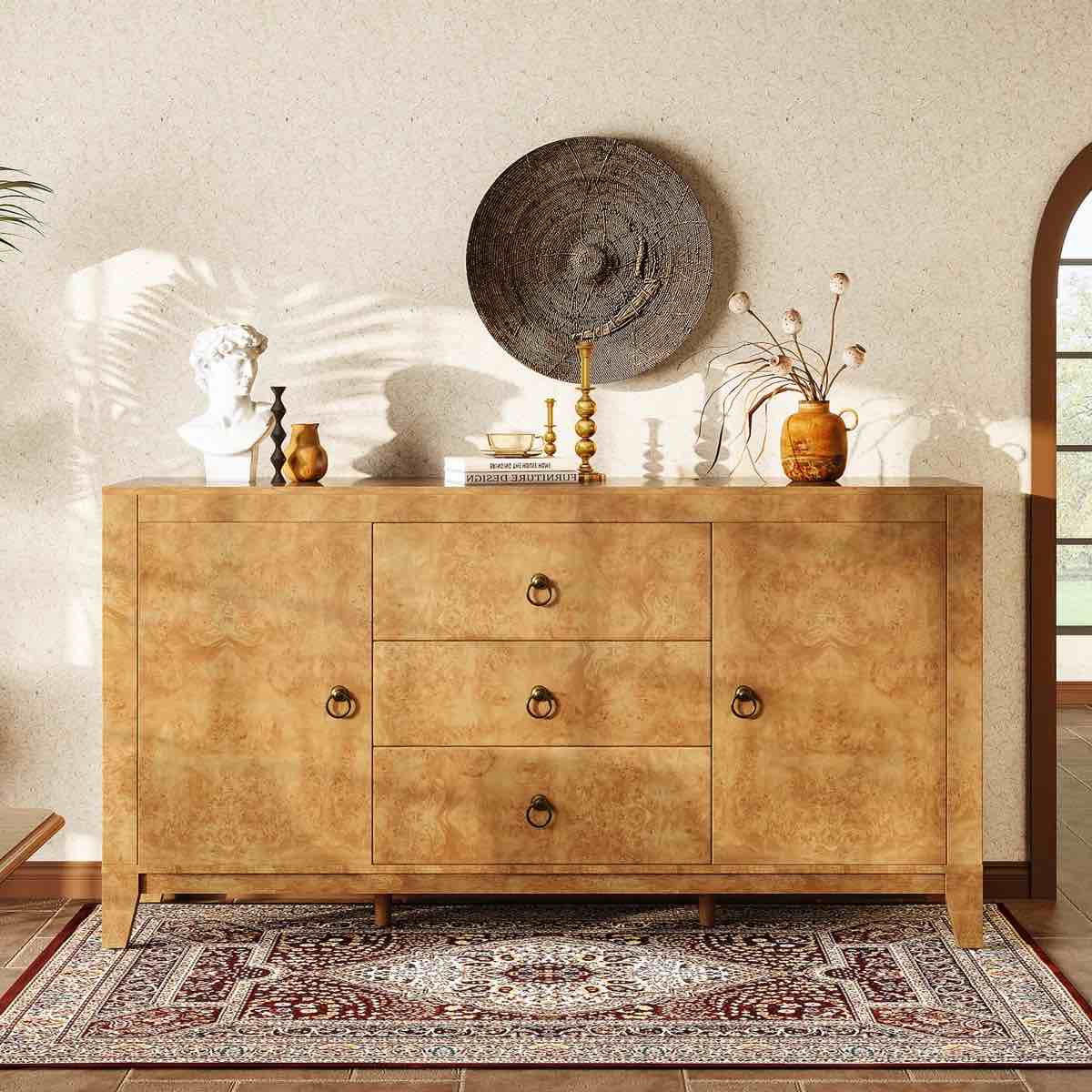 Dorne 60" Modern High Gloss Burl Sideboard with Adjustable Shelves, Yellow