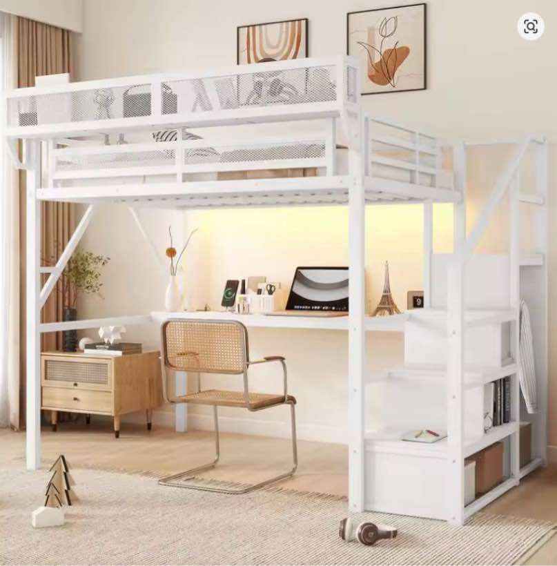 W2580P359728 Full Loft Bed with Desk & Charging Station, Metal Loft Bed with Stairs & Light for Kids/Teens, White Finish