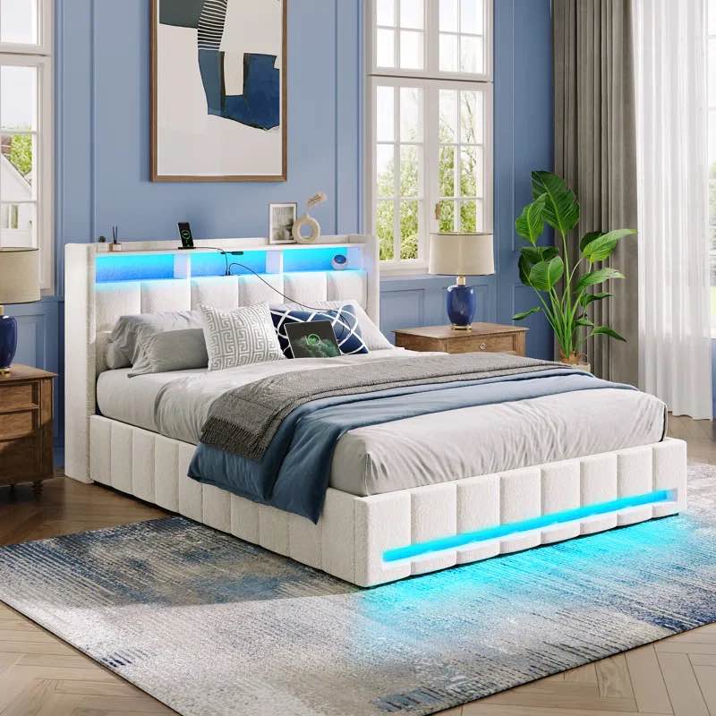 Full Upholstered Lift Up Storage Bed Frame with LED Lights and Charging Station, Platform Bed, No Box Spring Needed BF021-V2-OW-F-RR