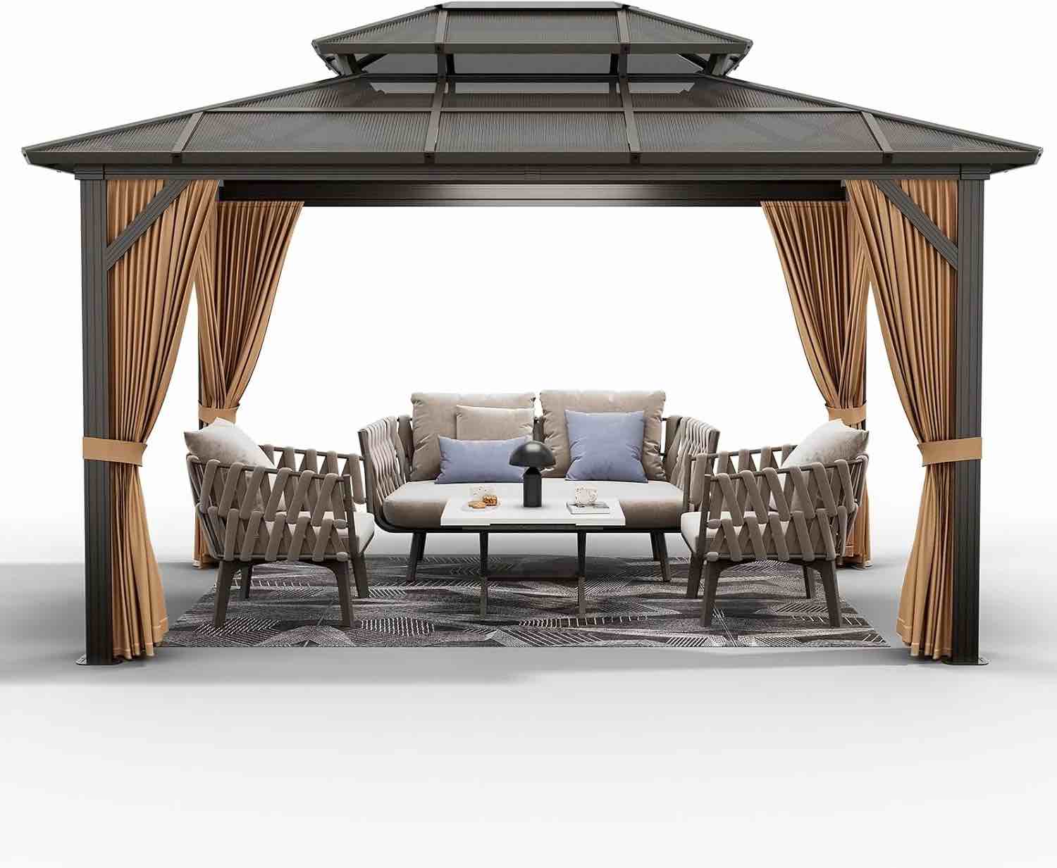 KTENME 2025 New 10x12ft Gazebo, Hardtop Outdoor Canopy Aluminum Frame Permanent Gazebo with Netting and Curtains, Polycarbonate Garden Tent for Patio, Lawn, Backyard, Deck